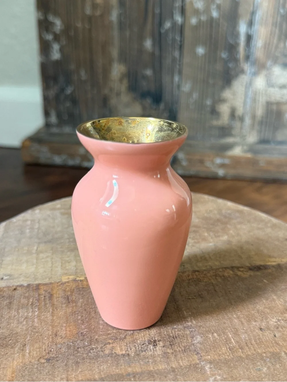 Vintage Miniature Pink Enamel On Brass Bud Vase 3.5” Tall RARE